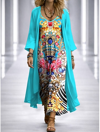  Damen Kleid-Set A Linie Kleid Elegant Urlaub Grafik Geometrie Geschichtet Druck Maxikleid Dreiviertelarm V Ausschnitt Täglich Party Blau Rote Purpur Sommer Frühling Lässiger Schnitt