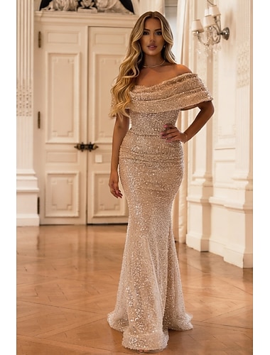  בתולת ים  חצוצרה עד הריצפה שמלות נשף שמלות ערב שמלת נשף לבוש רשמי אלגנטית מדבקות עם נצנצים ללא שרוולים סירה מתחת לכתפיים רשמי נצנצים עם נצנצים