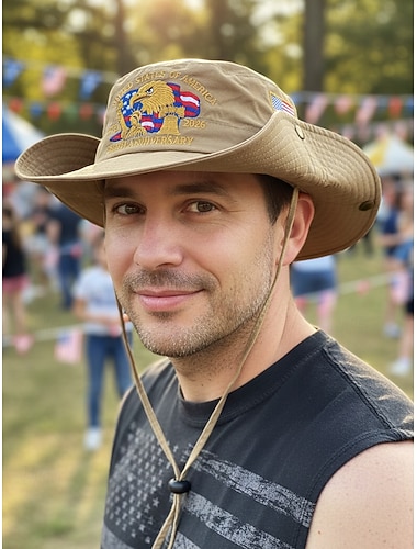  Opvouwbare zonnehoed voor heren, meerkleurig, polyester, geborduurd met adelaar en vlag, lichtgewicht outdoorhoed, ideaal voor de viering van het 250-jarig bestaan van de VS, Onafhankelijkheidsdag, buitensporten en vakanties.