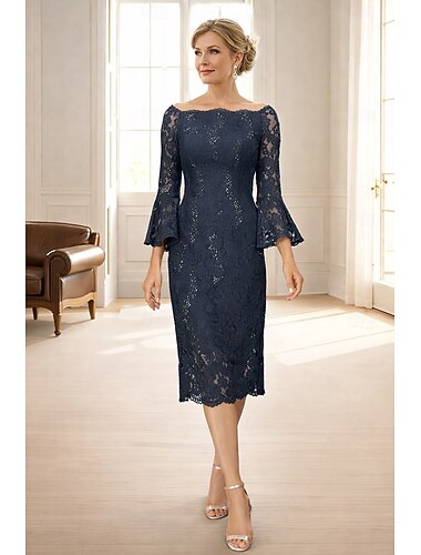  Tubino Colonna Lunghezza Tè Vestito da Festa Abito da Cocktail Abito da invitata a nozze Abito da cerimonia per signora Manica 3/4 Collo gioiello Elegante Vintage Ospite di nozze Ricevimento di