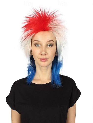  Perruque de supporter de football USA 2026 - Coiffure épineuse rouge blanc et bleu