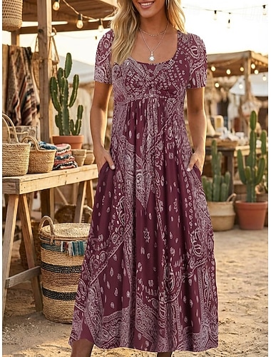  Damen Freizeitkleid Blumenkleid Mode Alltag Regular Fit Blumen Kurzarm Langes Kleid Maxikleid Rundhalsausschnitt Rosa Rot Blau Grau Herbst