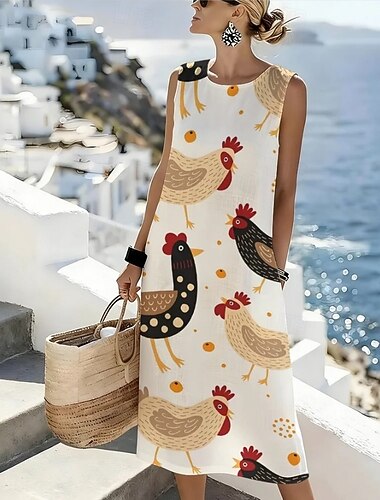  Dame Midikjole Skift Kjole Sommerkjole A Linje Kjole Ferie Afslappet Boheme Strand I-byen-tøj Regulær Grafisk Dyr Uden ærmer Rund Hals Hvid Himmelblå Beige Sommer Forår
