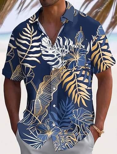  Herre Palmeblad Kokospalme Tropiske planter Hawaii skjorte Skjorte med knapper Aloha skjorte Kortermet Hawaiisk Feriereise Sommer Vår Aftæpning 3D-utskrift krage skjorter Front One Lomme Bl