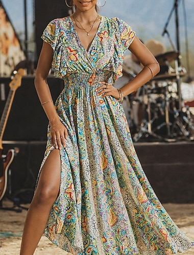  Bohème Rétro Vintage Boho Robe Manches courtes Hippie Disco Paisley Bohème Déguisement Femmes Mascarade Festival de Musique Soirée à thème rétro Adulte Robe