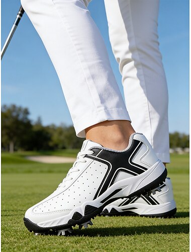  Herren-Golfschuhe, weißes Kunstleder mit schwarzen Akzenten, sportliches Design, leicht und atmungsaktiv, geeignet für Golfplätze, Outdoor-Sportarten und Training