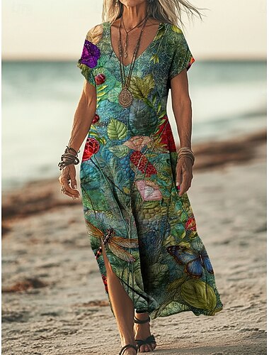  Per donna Abito lungo maxi Vestito Casual Abito a trapezio Abito Stampato Moda Moderno All'aperto Spiaggia Vacanza Vestibilità regolare Floreale Grafico Foglia Manica Corta Scollo a V Verde Estate