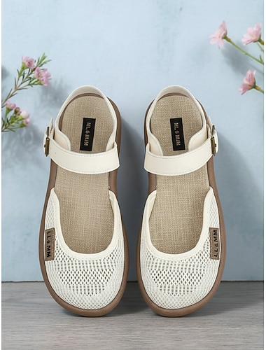  Dámské béžové síťované balerínky Mary Jane – prodyšné a lehké sandály s nastavitelným páskem, ležérní letní boty na cestování, zahradu i každodenní nošení