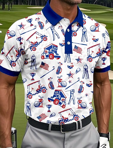  American Independence Day Men's American US Flag Golf Sports Polo Shirts Short Sleeve Polo Shirts Collared Shirts Casual Athleisure Buttons Summer Blue Red