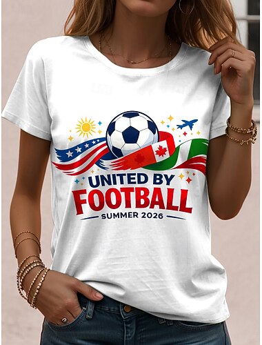  Weltfußballspiel 2026 Damen T-Shirt Print Grafik Stilvoll Klassisch Freizeit Kurzarm Rundhals Reguläre Oberteile Tägliche Sport Blau Schwarz Weiß Sommer Frühling