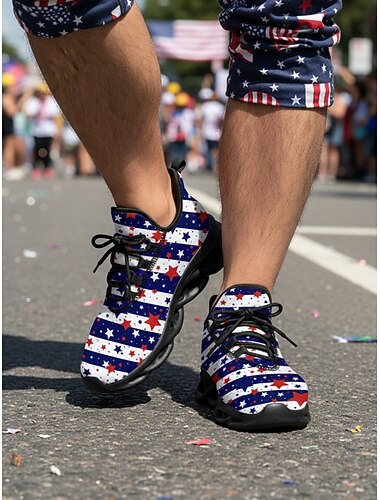  Strick-Sneaker für Herren mit USA-Flagge – leichte, atmungsaktive Schnürschuhe mit patriotischen Sternen &Streifenmuster für den Unabhängigkeitstag, Paraden und Spaziergänge im Freien