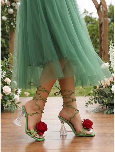  Gröna damsandaler med snörning och hög klack, 3D-rosdetaljer, tydlig skulptural klack, eleganta skor för bröllopsgäster i trädgården &utomhusceremonier, fest &formella evenemang