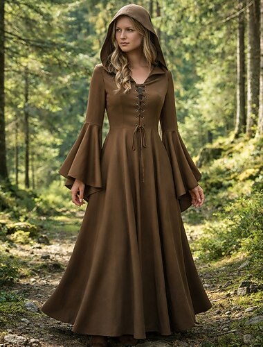  قوطي العصور الوسطى عصر النهضة طويل فساتين أكمام طويلة الساحر و الساحرة جنية Ranger A-الخط ملابس تنكرية نسائي خيال عيد الرعب مهرجان معرض النهضة LARP للبالغين فستان كل الفصول