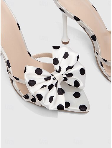  Elegante witte muiltjes met hoge hakken en stippen voor dames - retro stiletto sandalen met vlinderstrik voor avondfeestjes, glamoureuze resortkleding &zomerse cocktail evenementen