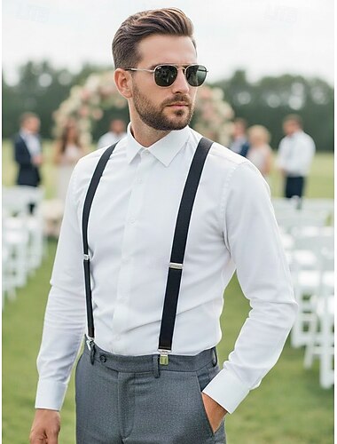  Suspensórios masculinos ajustáveis em poliéster – elásticos, com opções em várias cores e presilhas resistentes, ideais para casamentos, festas e uso casual no dia a dia.