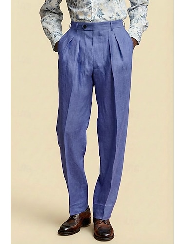  Herren Baumwolle Leinen Anzughose Freizeithose Lässig Formell Neutral Mode Klassisch Weiß Rosa Dunkelmarine Frühling & Sommer Hosen Einfarbig Normale Passform Lang Mikroelastisch