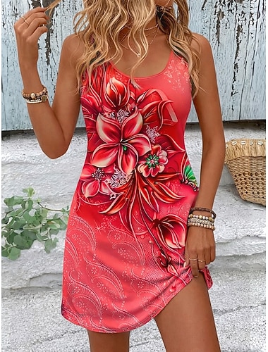  Damen Minikleid Sommerkleid A Linie Kleid Urlaub Lässig Boho Strand Party Hochzeit Schlank Blumen Grafik Ärmellos U-Ausschnitt Blau Gelb Rosa Rote Sommer Frühling