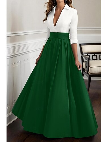  Linha A Longo Vestidos de noite Vestido de Baile Vestido formal Elegante & Luxuoso Meia Manga Decote mergulhador Convidado do casamento Cetim com Franzido