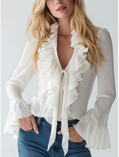  Dam Skjorta Blus Volangskjorta Volang Ensfärgat Stylish Grundläggande Klassisk Långärmad V-hals Vanliga toppar Dagligen Helgdag Utekväll Svart Vit Purpur Sommar Vår