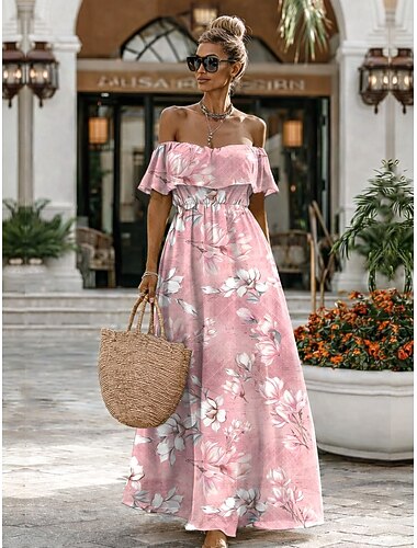  Femmes Robe maxi Robe en Chiffon Bohème Vacances Tropical Plage Soirée Mariage Coupe régulière Fleuri Manche Courte Épaules Dénudées Bleu Vert Claire Rose Claire Été Printemps