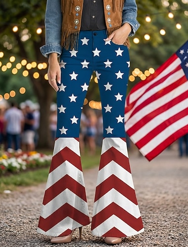  الذكرى السنوية الـ 250 للولايات المتحدة الأمريكية عتيق / معتق السبعينات بنطلون سروال الجرس ستايل هبي ديسكو عالي الخصر متعرج ملابس تنكرية نسائي حفلة تنكرية 4 يوليو مناسب للحفلات يوم الاستقلال للبالغين