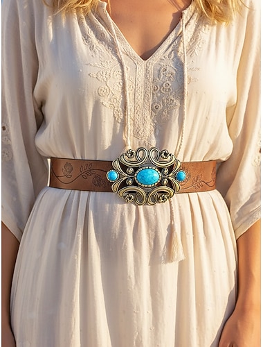  Cinturón bohemio de piel sintética turquesa para mujer, cinturón estilo western vintage negro y marrón con correa grabada y hebilla ornamentada para uso casual, viajes, vacaciones y estilo resort.
