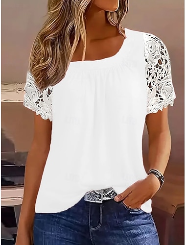  Damen Hemd Bluse Spitzentops Spitze Einfach Stilvoll Klassisch Modern Kurzarm Rundhalsausschnitt Normale Oberteile Täglich Ferien Ausgehen Blau Schwarz Weiß Rosa Rote Sommer Frühling