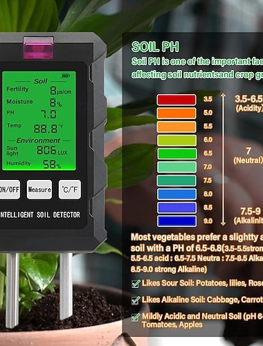  6-in-1 digitale pH-meter voor tuinplanten, professionele bodemtester voor vocht, vruchtbaarheid, zonlicht en temperatuur. &Vochtigheid, nauwkeurige bodemtestkit voor binnen- en buitengebruik, gazon,