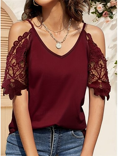  Dam Skjorta Blus Spets toppar Bara axlar toppar Spets Ensfärgat Stylish Klassisk Modern Kortärmad V-hals Vanliga toppar Dagligen Helgdag Utekväll Vin Sommar Vår