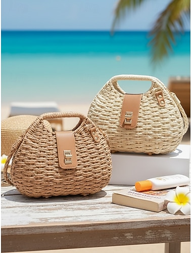  Dameveske i vevd strå, beige og khaki farger, lett sommerveske med justerbar stropp, bohemsk stil, perfekt for ferie, reiser og hverdagsbruk.