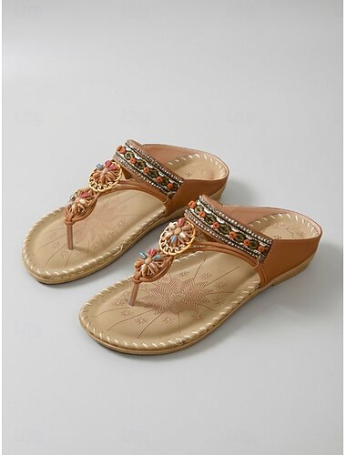  Sandalias bohemias marrones con cuentas para mujer: cómodas chanclas con estampado floral y detalles étnicos para vacaciones en la playa y resorts al aire libre. &ropa de uso diario en verano