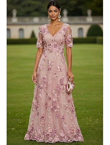  A-Linie Šaty Na zem Maxi šaty Šaty na párty Koktejlky Šaty pro matku nevěsty Krátký rukáv Do V Elegantní Vinobraní Luxusní Formální Svatební host Kentucky Derby Šifón Tyl s 3D květiny Výšivka Aplikace