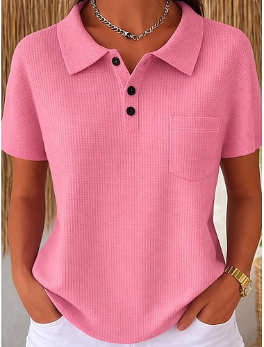  Dámská vaflová tunika knoflíky jednobarevná vintage stylová klasická krátký rukáv kulatý výstřih dlouhé topy každodenní modrá růžová oranžová světle modrá léto jaro