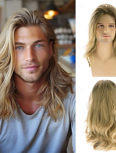  Lang blond parykk for menn syntetisk lagdelt bølget cosplay festparykk