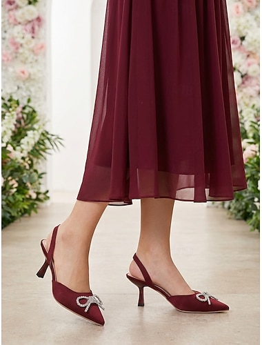  Bordeauxrode slingback pumps met kittenhak en strikdetail, elegante schoenen voor de moeder van de bruid voor een stadsbruiloft, spitse pumps met lage hak voor formele gelegenheden