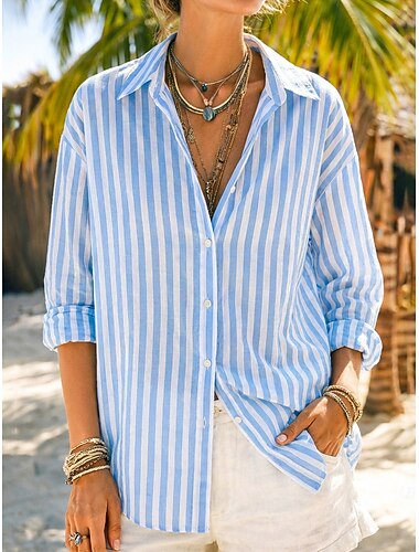  Damen Hemd Hemden in Leinenoptik Durchgeknöpft Hemd Bluse Gestreift Stilvoll Klassisch Modern Langarm Revers Normale Oberteile Täglich Ferien Ausgehen Blau Gelb Rosa Rote Marineblau Sommer Frühling
