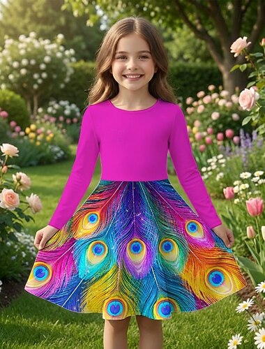  FILLE 3D Graphique Paon Robe manche longue Impression 3D Printemps Automne Quotidien Vacances Soirée Occasionnel Princesse Beau Enfants 4-12 ans Robe Décontractée Robe trapèze Mi-long Coupe régulière