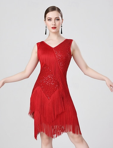  Robe de danse rouge sans manches à franges et sequins pour femme