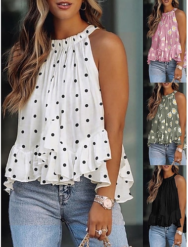  Per donna Maglietta Grafico Leopardo A Pois Moda Classico Casual Senza Maniche All'americana Top Regolari Quotidiano Uscire Weekend Bianco e nero Nero Bianco Avorio Rosa Estate Primavera