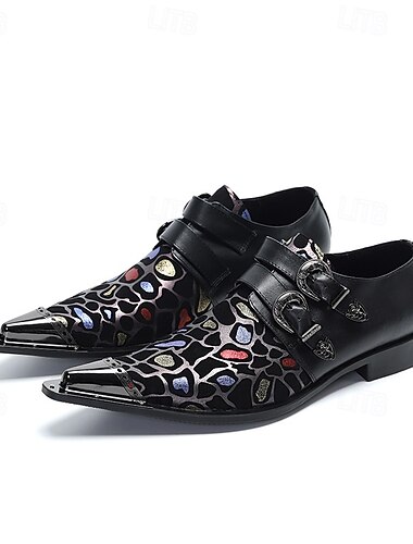  Svarta herrskor med dubbla munkremmar i läder och färgglatt leopardmönster – lyxiga skor för bröllop och formella ceremonier