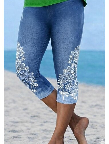  Dames Capri broeken Leggings Vakantie Vintage Modieus Kuitlengte Medium Taille Bloemig Grafisch Opdrukken Afdrukken Comfort Zacht Ademend Rekbaar Casual Dagelijks Vakantie Marineblauw Licht Blauw