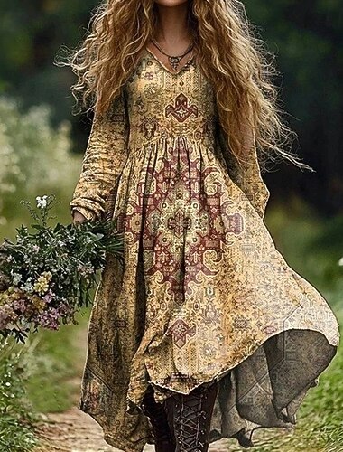  abito boho da donna abito lungo con scollo a V floreale abito vintage abito stampato moda moderno estate primavera