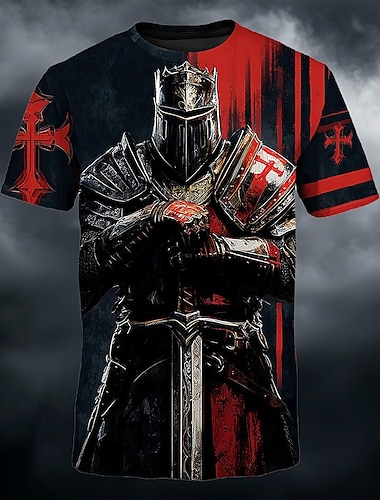  T-shirt des Croisés Chevalier Templier médiéval guerrier armé croix rouge épée fantasy gothique impression intégrale T-shirt à manches courtes col rond décontracté RPG cosplay créateur vêtements