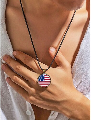  Halsketting met hanger in de vorm van de Amerikaanse vlag voor heren, gemaakt van legering en acryl, in patriottische stijl, perfect voor de viering van het 250-jarig bestaan van de VS, Onafhankelijkheidsdag, en voor casual buitenactiviteiten en dagelijks