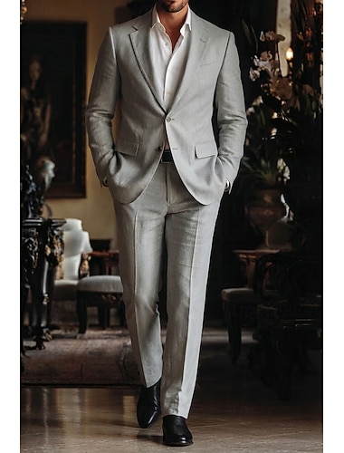  Heren Smoking Linnen pakken Lente bruiloft liiketoiminta Marineblauw Lichtgrijs Lente zomer Pak Ingesneden revers Modieus Lichtgewicht Effen Getailleerd 2-delige set Enkele rij knopen met twee knopen