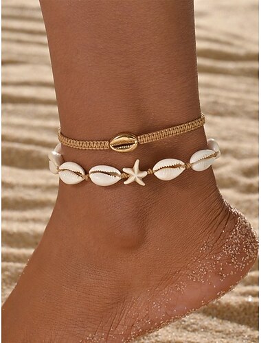  Conjunto de tobilleras bohemias con conchas para mujer, multicolor, ajustable, perfecto para vacaciones en la playa y uso diario informal.