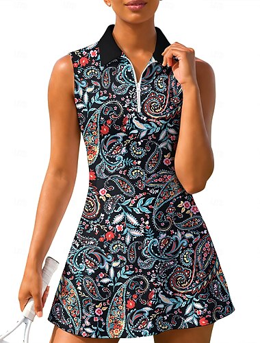  نسائي زخرفات فستان تنس فستان رياضي بدون كم زهري طباعة متنفس تينس الغولف كرة الريشة طوق بولو طوق بسحاب الفساتين أحمر وأسود ملابس التنس