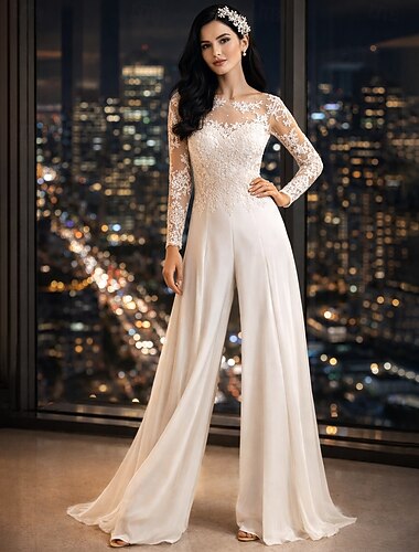  Strand bryllup hall uformelle bryllup kjoler jumpsuits illusjonsnakke lang erme gulvlengde chiffon brudekjoler med applikasjoner