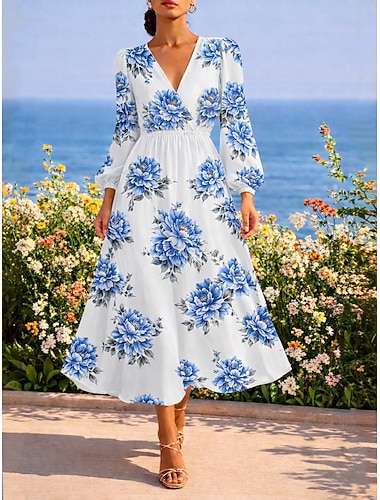  Damen Midikleid Faltenkleid Figurbetontes Kleid Geburtstag Lässig Formell Büro Date Normale Passform Blumen Grafik Langarm V Ausschnitt Weiß Sommer Frühling