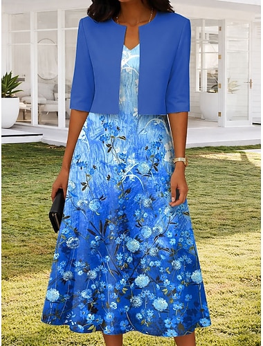  Damen Kleid-Set Midi-Kleid A Linie Kleid Elegant Lässig Blumen Grafik Druck Midikleid Halbarm V Ausschnitt Täglich Blau Purpur Grün Sommer Frühling Normale Passform